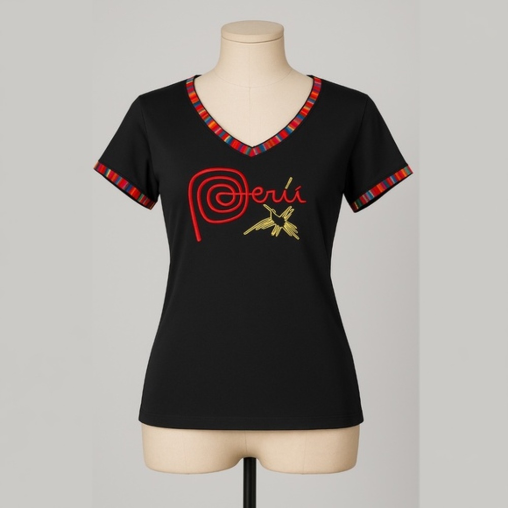 Peru Embroidered Pima Cotton Tee XXL Black Andean Trim Graphic Top